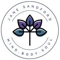 Jane Sandford logo, a tree with 5 leaves, 2 teal, 2 purple and 1 blue inside a circle with Jane Sandford, Mind Body Soul inside