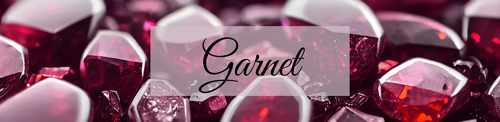 The image displays a close-up of multiple deep red garnet gemstones. The gems in the centre are in sharp focus, revealing their clarity and sparkling facets. Overlaying these is the word "Garnet" in a stylish cursive font. The garnets towards the edges blur softly, highlighting the central text and conveying a sense of luxury.