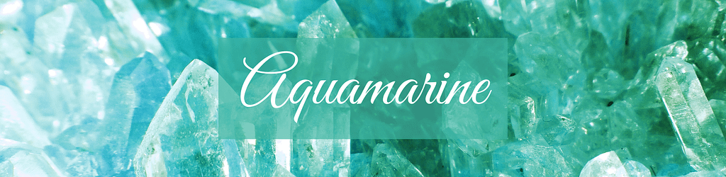 The image presents a panoramic view of aquamarine crystals, showcasing their translucent, sea-blue color that ranges from the palest hint of green to a rich cerulean. The crystals are sharply in focus in the foreground, with their hexagonal shapes and natural facets catching the light, creating an impression of depth and luminosity. Overlaying the image in the center is the elegant, script text "Aquamarine," written in a white, cursive font that stands out against the blue background, echoing the gemstone's refined and tranquil beauty. The overall effect is refreshing and evokes the essence of calm waters.