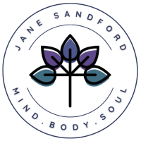 Jane Sandford logo, a tree with 5 leaves, 2 teal, 2 purple and 1 blue inside a circle with Jane Sandford, Mind Body Soul inside