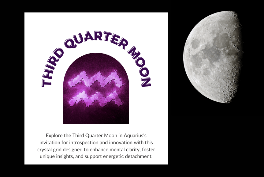 This image is a promotional graphic for a blog post about the Third Quarter Moon in Aquarius