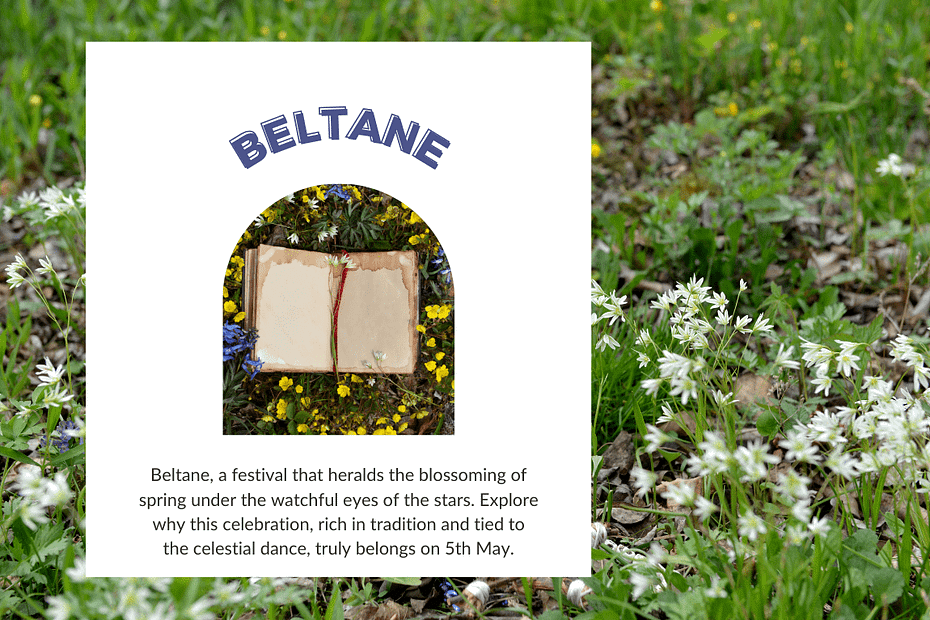 A promotional graphic for a Beltane celebration featuring a circular inset with an image of an open book laid upon a bed of wildflowers in a lush meadow.