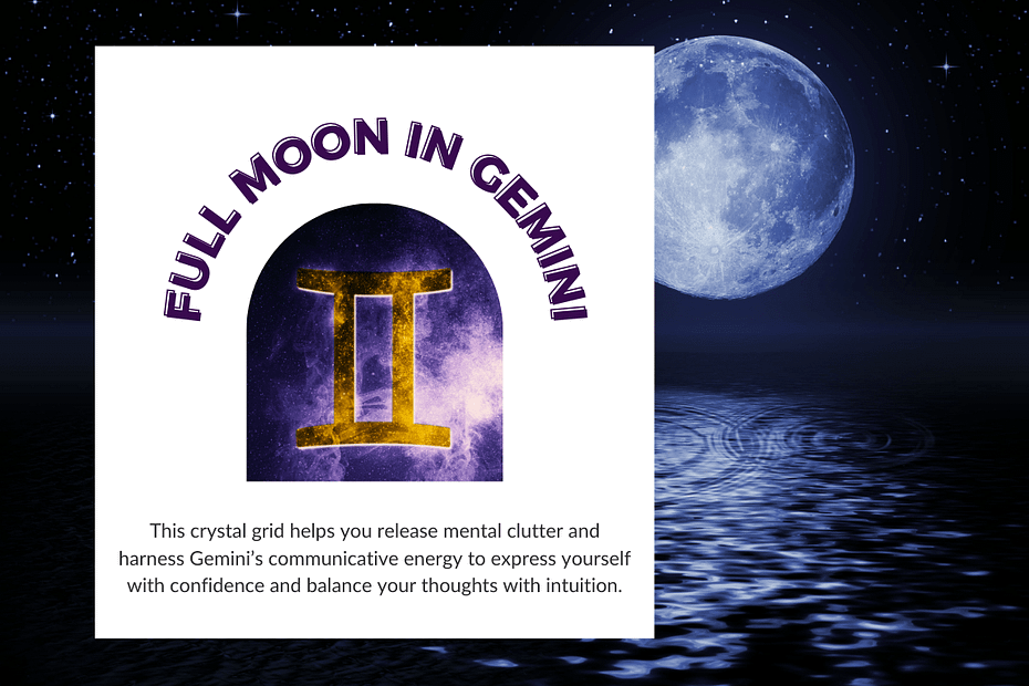 Illustration for the Full Moon in Gemini, featuring the Gemini zodiac symbol glowing in gold against a cosmic purple background, with the text "Full Moon in Gemini" arched above it. Below, there is a description about releasing mental clutter and harnessing Gemini’s communicative energy.