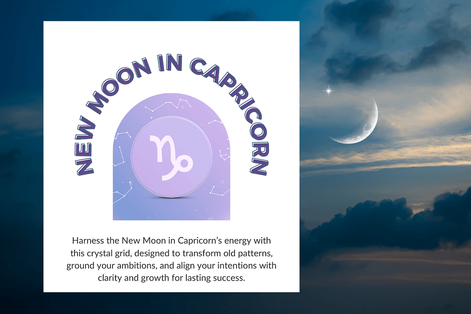 Graphic for the New Moon in Capricorn crystal grid, highlighting its purpose to transform old patterns, ground ambitions, and align intentions for clarity and growth.