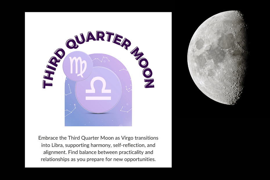 Graphic showcasing the Third Quarter Moon phase with Virgo and Libra zodiac symbols on a gradient purple background featuring constellation designs, paired with descriptive text about balance, harmony, and self-reflection.