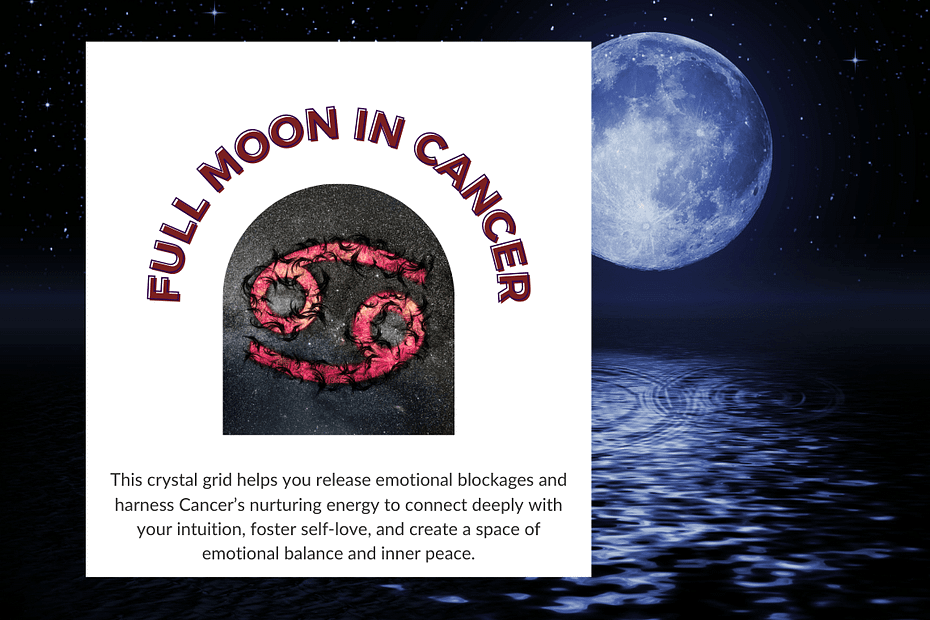 Full Moon in Cancer graphic with the Cancer zodiac symbol created from red flower petals on a dark background, accompanied by text describing the nurturing and intuitive energy of the Cancer Full Moon.