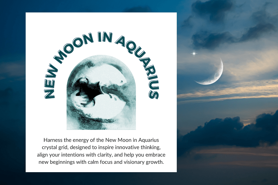 Graphic for the New Moon in Aquarius with a yin-yang style design, set against a background of a crescent moon and night sky, accompanied by text about harnessing the energy of the New Moon.