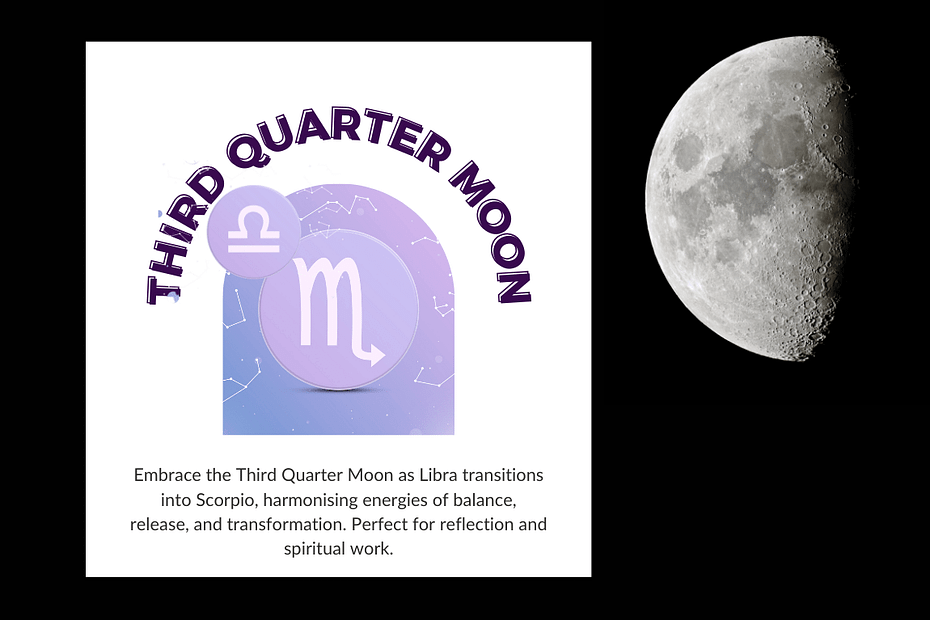 Graphic of the Third Quarter Moon with Libra and Scorpio zodiac symbols, alongside an image of a waning gibbous moon against a black background.