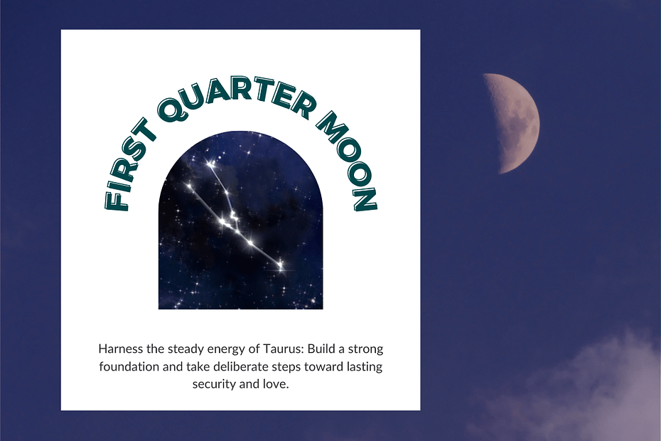 An illustrated graphic with a dark blue background featuring a constellation in a starry sky, framed by an arched window. The words "First Quarter Moon" curve above the arch in bold green text. Below the image is the caption: "Harness the steady energy of Taurus: Build a strong foundation and take deliberate steps toward lasting security and love."