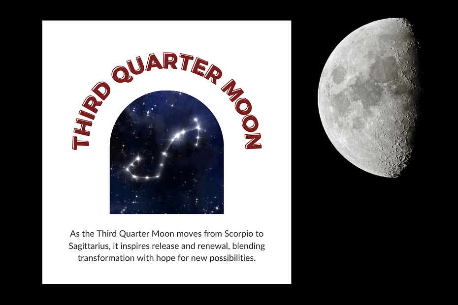 A split image featuring the text "Third Quarter Moon" above a starry depiction of the Scorpio and Sagittarius constellations in an arched frame on the left, alongside a detailed photo of the third quarter moon on the right. Below the constellations, text reads: "As the Third Quarter Moon moves from Scorpio to Sagittarius, it inspires release and renewal, blending transformation with hope for new possibilities."