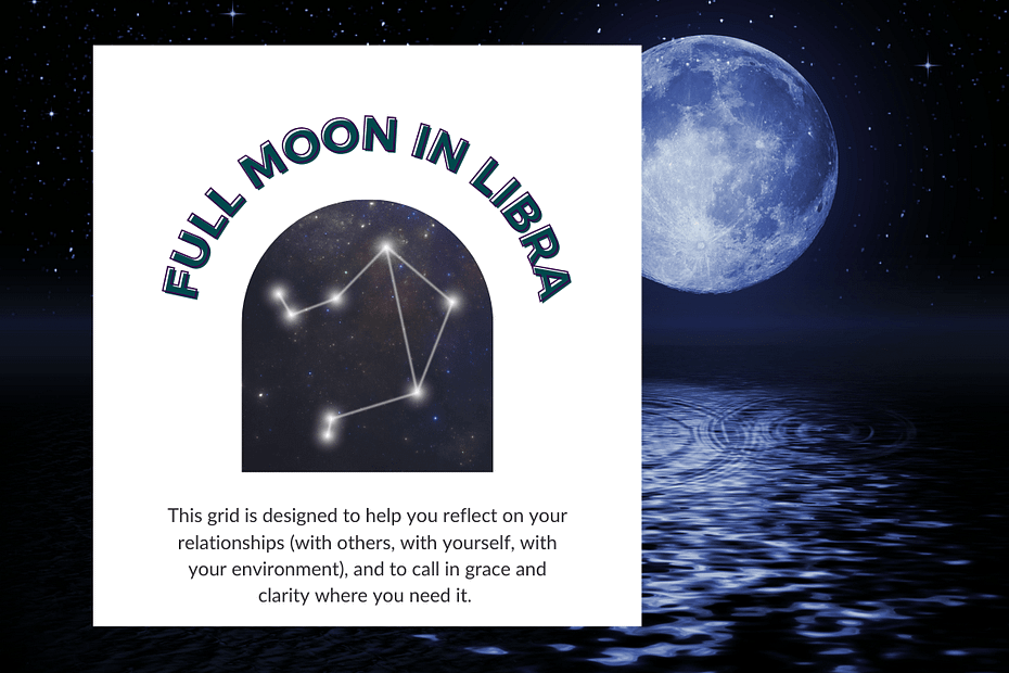 Graphic showing the words “Full Moon in Libra” arching over the Libra constellation. A glowing full moon rises over a starry night sky and is reflected in calm water. Text below speaks of relationship reflection and clarity.